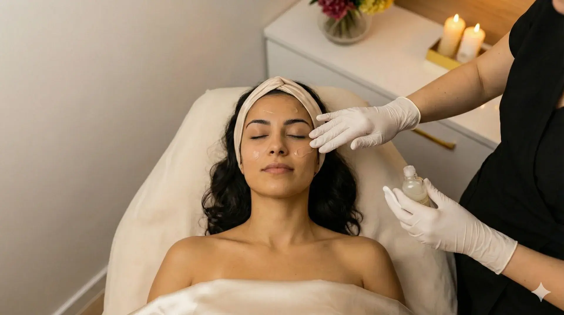 A top-down photograph of a woman with dark, wavy hair wearing a beige headband and lying on a spa bed with her eyes closed. An aesthetician in white gloves and black scrubs is applying a clear gel product to her cheek with fingertips, holding a bottle in the other hand. The background features warm lighting, a white cabinet, lit candles, and flowers.
