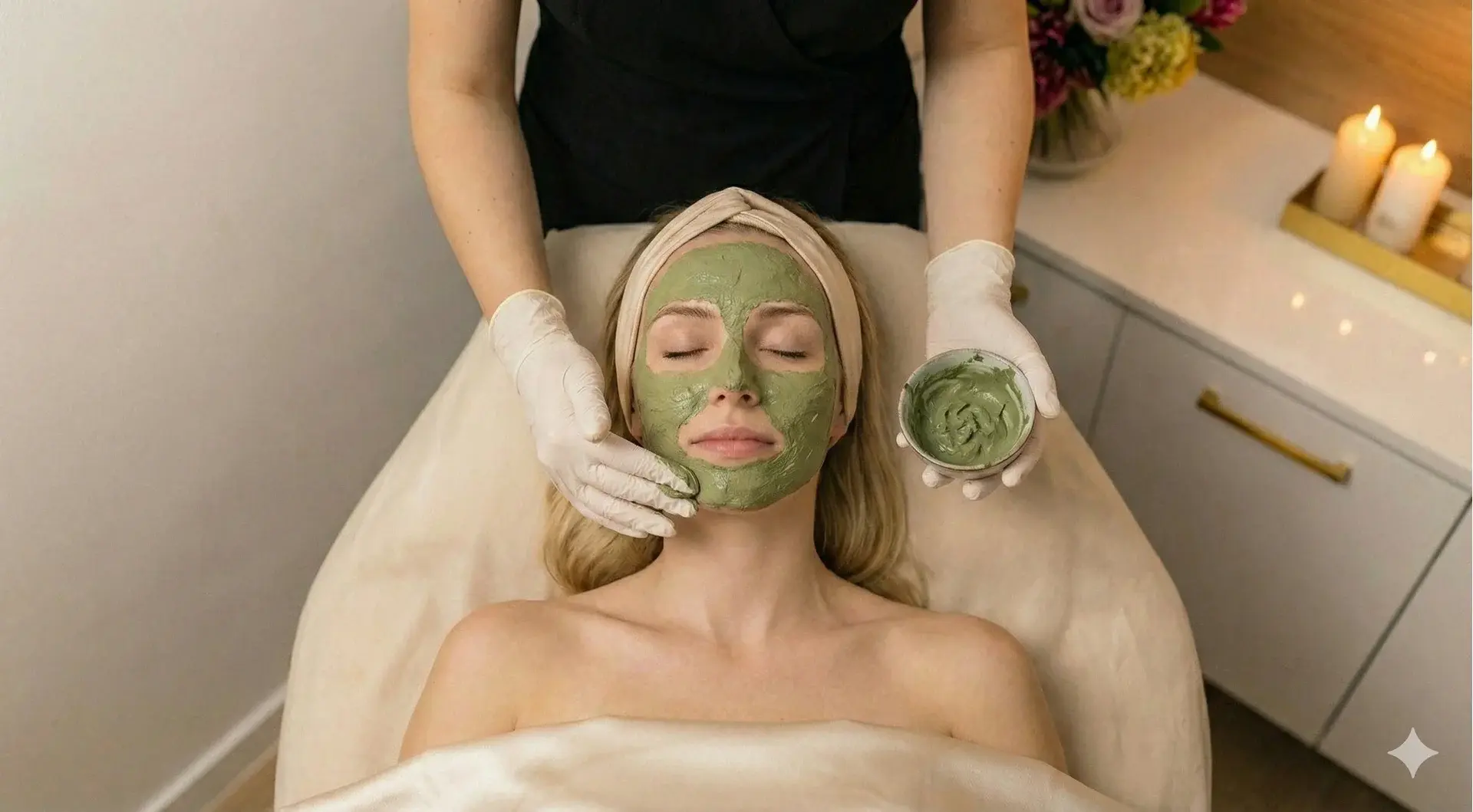 A top-down photograph shows an esthetician wearing white gloves applying a green clay mask to a woman's face with one hand, while holding a bowl of the mask in the other. The woman, with blonde hair and a beige headband, lies on a spa bed. The background features a white cabinet with lit candles and a flower arrangement.