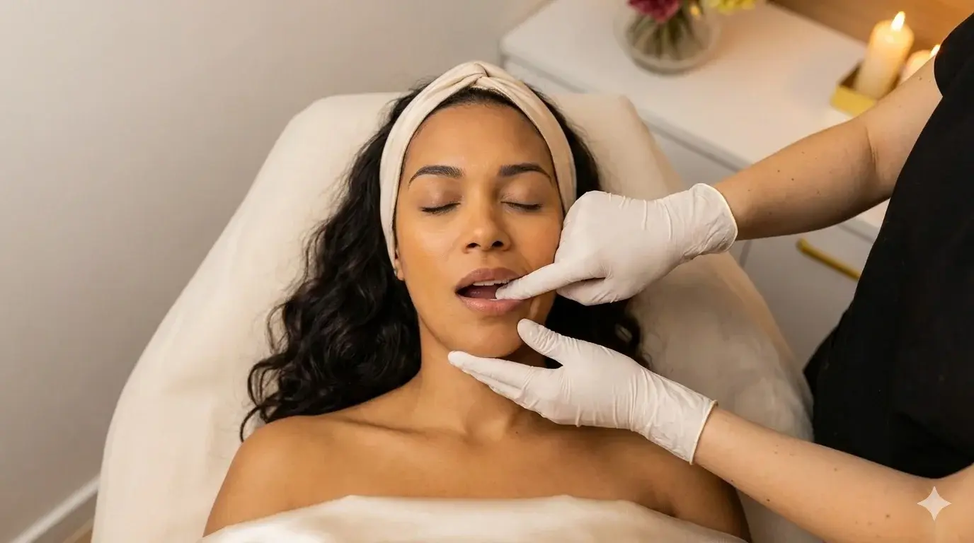 A top-down photograph shows a woman with dark, curly hair and a beige headwrap lying on a spa bed with her eyes closed. An esthetician wearing white gloves is performing a buccal massage; one gloved finger is carefully inserted inside the woman's mouth to massage the inner cheek muscle, while the other hand gently supports her jaw externally.