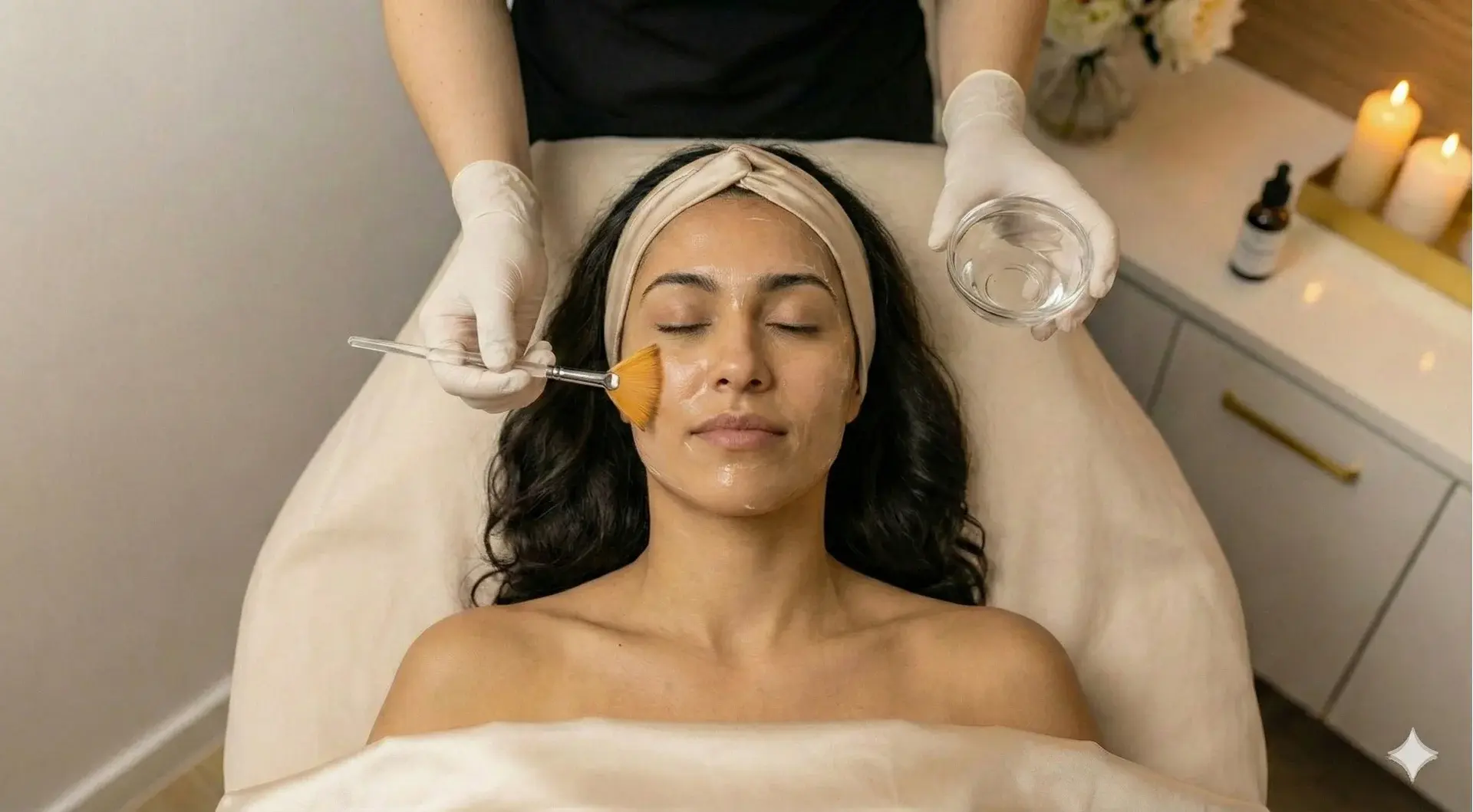 A top-down photograph shows a woman with dark, wavy hair and a beige headband lying on a spa bed with her eyes closed. An esthetician wearing white gloves uses a fan brush to apply a clear liquid chemical peel solution to her cheek, holding a glass bowl of the product in the other hand. The background features a white cabinet with lit candles and flowers.