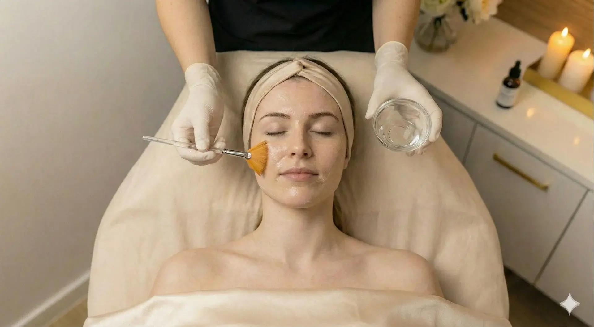 A top-down photograph shows a woman with a beige headband lying on a spa bed with her eyes closed. An esthetician wearing white gloves uses a fan brush to apply a clear product to her cheek, while holding a glass bowl of the liquid in the other hand. The background features a white cabinet with lit candles and a bottle.