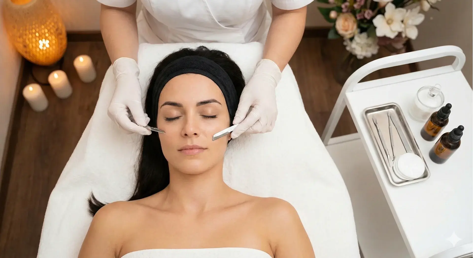 A top-down photograph of a woman receiving a dermaplaning facial. An esthetician's gloved hands are using a small, sterile blade to exfoliate the woman's cheek. The woman is lying on a white towel-covered bed. In the background, there are lit candles, flowers, and a rolling cart with skincare tools and bottles.