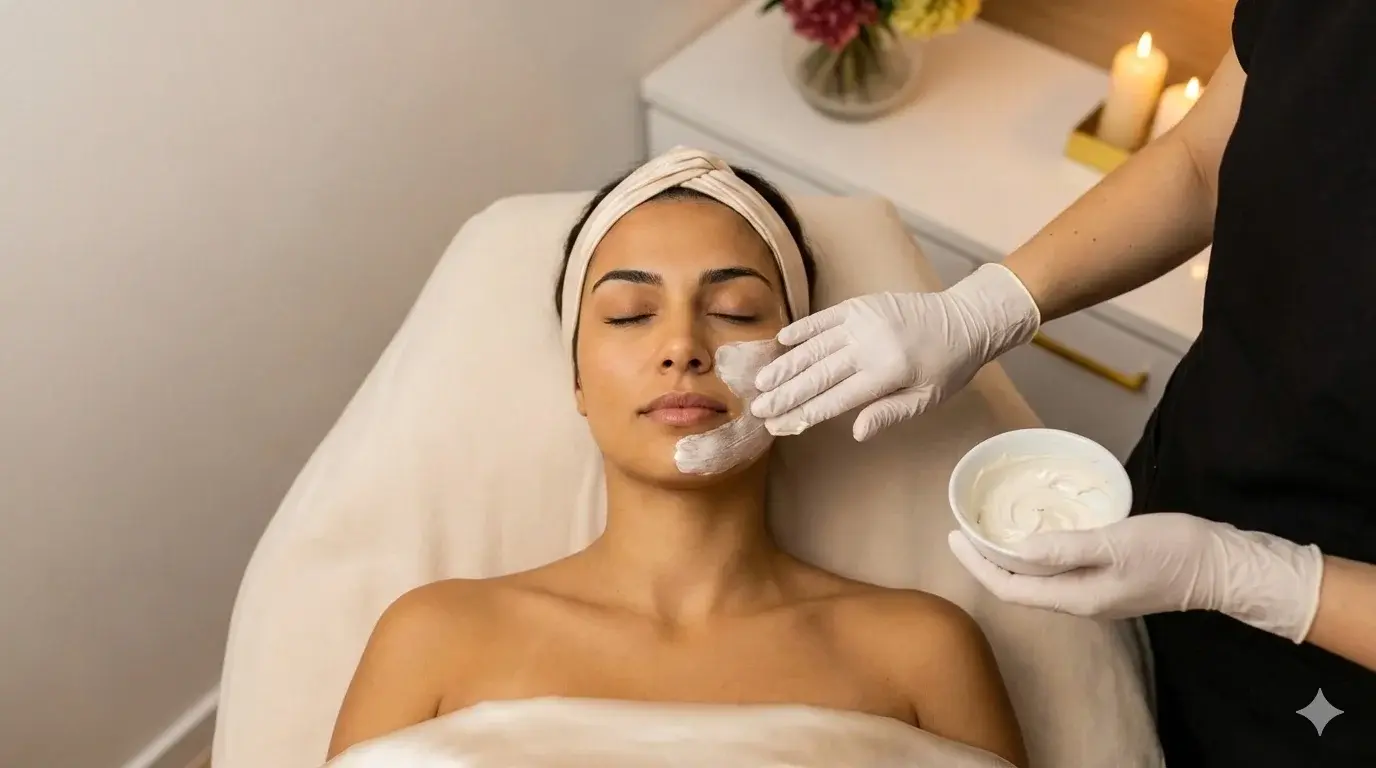 A top-down photograph shows a woman with olive skin and dark hair pulled back in a beige headband, lying relaxed on a spa bed with her eyes closed. An esthetician wearing white gloves is applying a thick white cream facial mask to the woman's cheek with her fingertips, while holding a bowl of the product in her other hand. The background features a white cabinet, lit candles, and flowers.