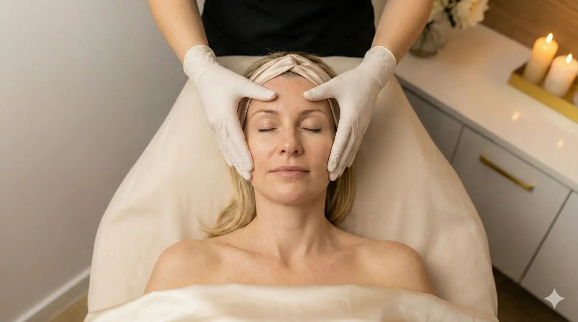 A woman with blonde hair and a beige headband is lying down with her eyes closed, receiving a facial massage. An aesthetician's gloved hands are gently massaging her forehead and temples. She is on a spa table covered with beige linens. In the background, there is a white cabinet with lit candles and a vase of flowers.
