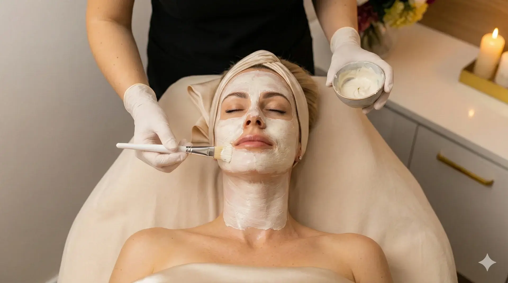 Esthetician Applying Acne Facial Mask to Woman in Spa A photograph from above shows a blonde woman, with her hair in a beige headwrap, lying on a spa bed with her eyes closed. An esthetician, wearing white gloves, is using a brush to apply a thick, white clay facial mask from a bowl onto the woman's face and neck. The background includes a candle and flowers on a white cabinet, consistent with the reference image.