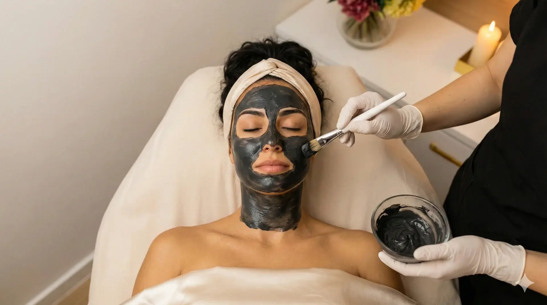 Esthetician Applying Charcoal Facial Mask at Spa A top-down photograph shows a woman with dark, curly hair in a beige headwrap, lying on a spa bed with her eyes closed. Her face and neck are covered in a thick, black charcoal mask. An esthetician, wearing white gloves, is using a white brush to apply more of the dark mask to her cheek, holding a small bowl of the product in the other hand. In the background, out of focus, there is a white cabinet with a lit candle and a small vase of flowers.