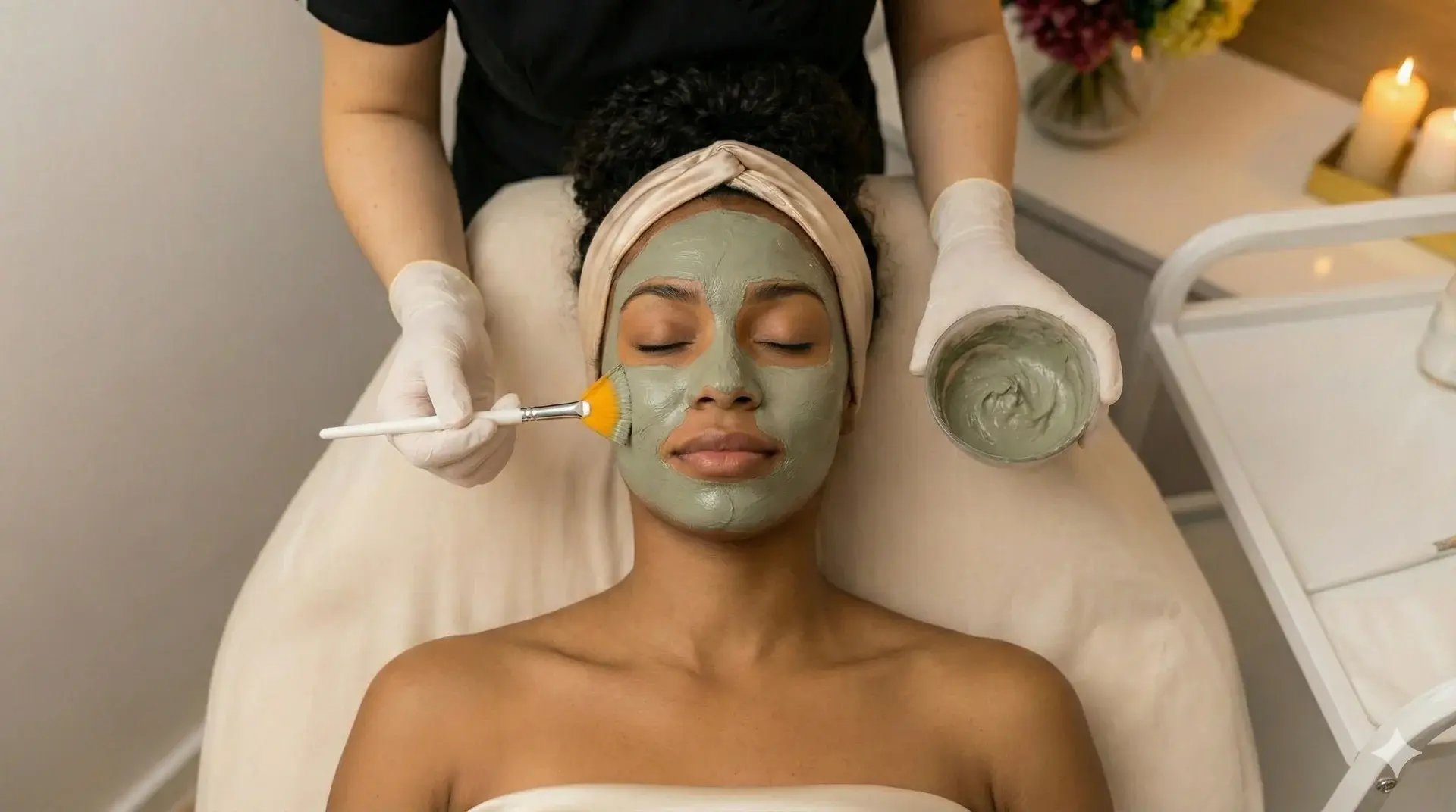 Spa Facial Treatment with Clay Mask A top-down photograph shows a woman with dark skin and natural hair, wearing a beige headwrap, lying on a treatment table. A gloved aesthetician is applying a green clay facial mask to her face using a brush, while holding a small bowl of the mask. The scene is in a spa setting with warm candlelight and flowers in the background.