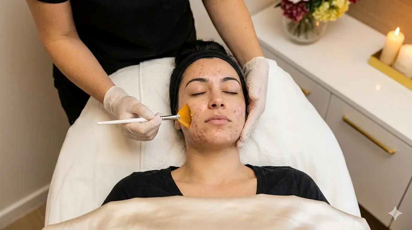Professional Acne Facial Treatment Application with Fan Brush Top-down view of an esthetician in white gloves applying a yellow facial treatment with a fan brush to the cheek of a woman with visible acne, who is lying on a spa treatment table with her eyes closed. The background shows a white cabinet with candles and flowers.