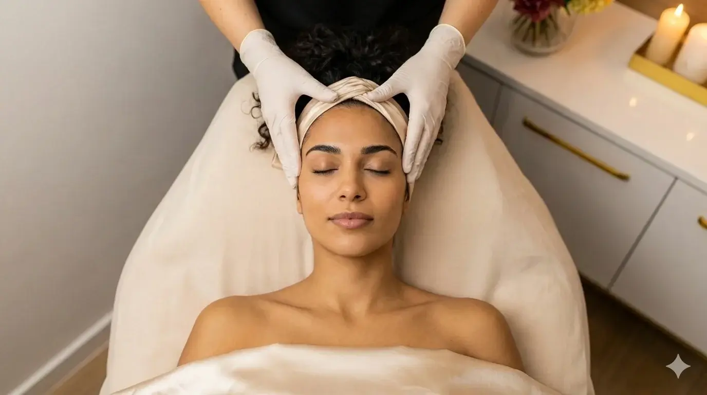 Relaxing Head Massage Therapy at Spa Top-down photograph of a woman with dark, curly hair and a headwrap lying relaxed on a spa bed with her eyes closed. A therapist's gloved hands are performing a gentle scalp massage.