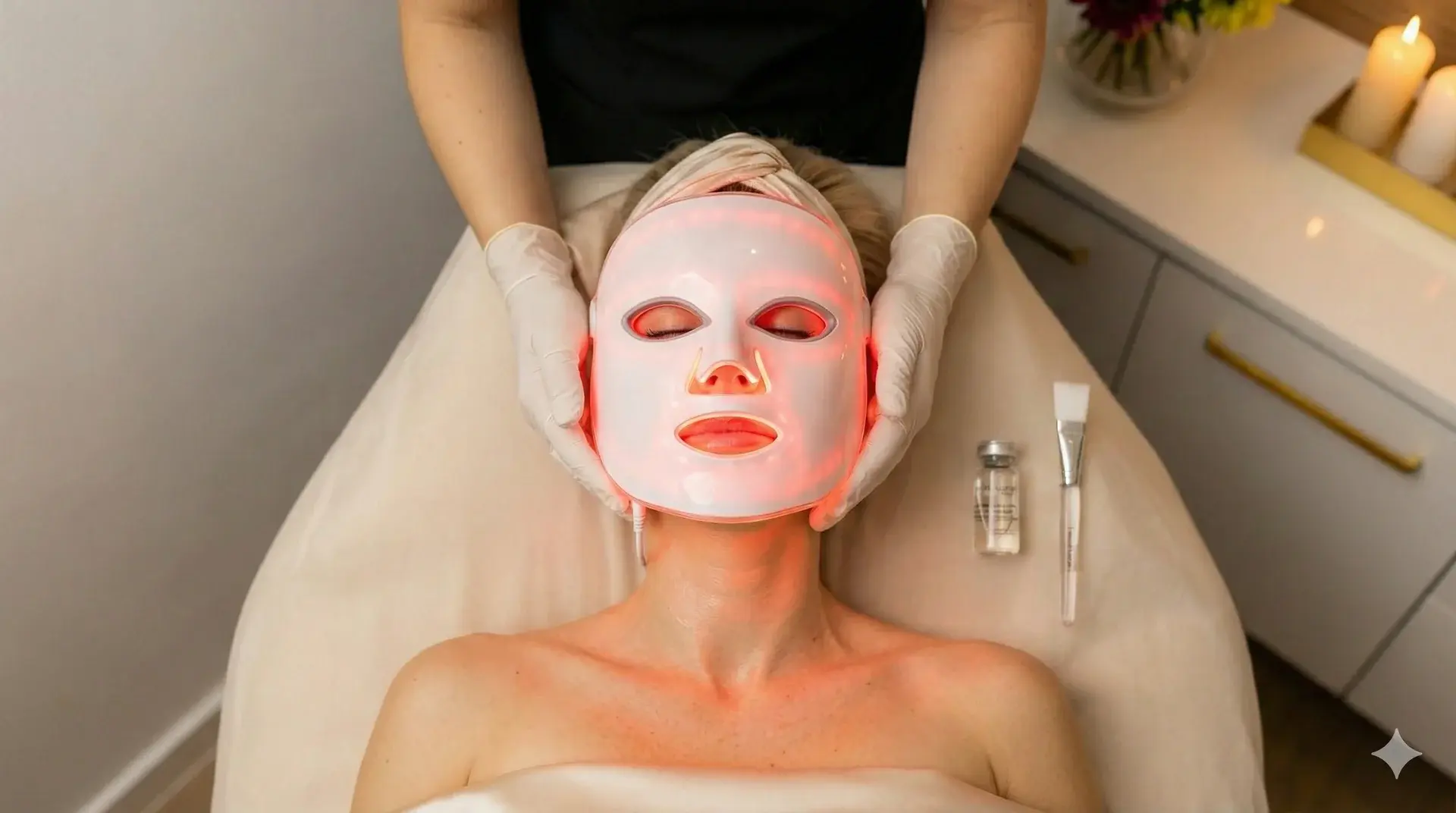 Spa Facial with Red LED Light Therapy Mask A top-down view of a woman lying on a spa treatment bed, wearing a white LED light therapy mask that emits red light onto her face. An aesthetician's gloved hands are gently holding the sides of the mask.