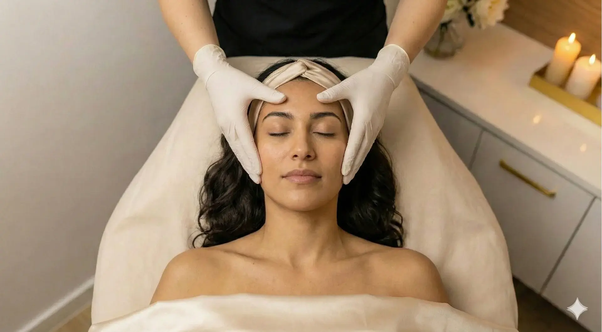 Woman Receiving Professional Facial Massage at a Spa A top-down photograph shows a woman with dark, wavy hair and a beige headband lying on a spa bed with her eyes closed. An esthetician wearing white gloves is gently massaging the sides of her face. The background features a white cabinet with lit candles and flowers.