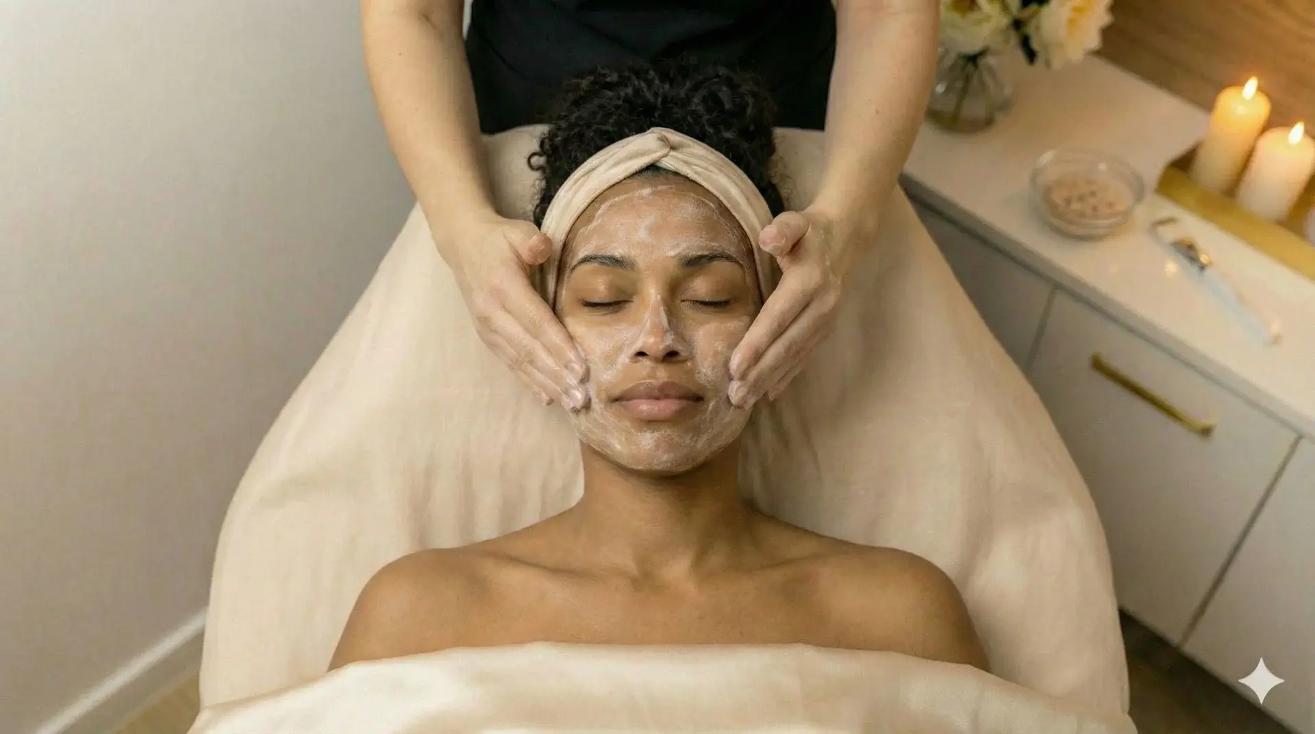 Woman Receiving Spa Facial Cleansing Massage A top-down photograph of a woman with dark, curly hair and a beige headband lying with her eyes closed on a spa table. An esthetician's hands are gently massaging a white, foamy cleanser onto her face. The background features a white cabinet with lit candles and a bowl.