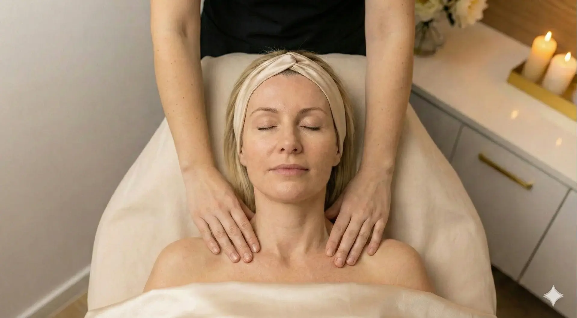 Spa Shoulder and Neck Massage Treatment A woman with a beige headband and covered by a beige sheet lies on a massage table with her eyes closed, receiving a shoulder and neck massage from an esthetician. The background features a white cabinet with candles and flowers in a spa setting.