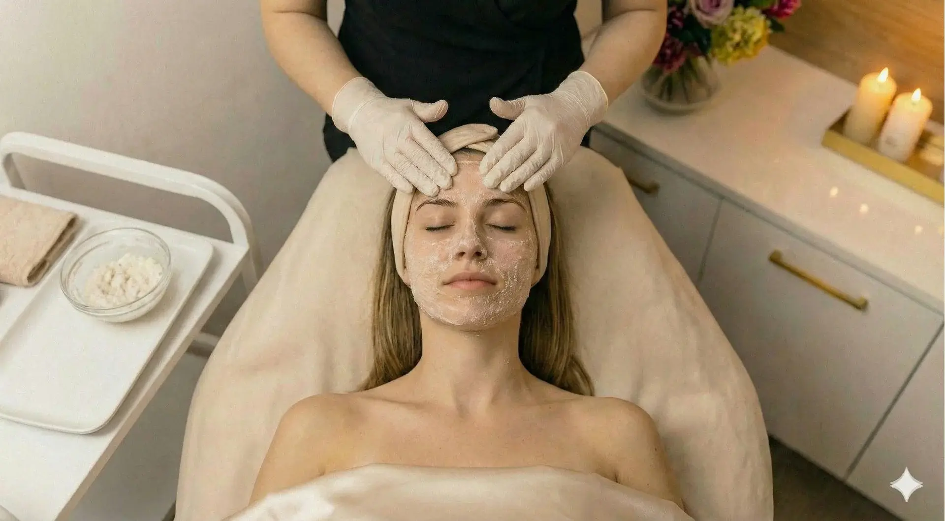 Woman Receiving Facial Treatment at Spa A top-down photograph shows a woman with a white facial mask lying on a spa table, with an aesthetician's gloved hands gently massaging her forehead. The woman has a headband on and is covered with a sheet. In the background, there is a white cabinet with a lit candle and a vase of flowers.